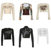 Women T-Shirts Gothic Crop Tops Vintage Grunge Fairycore Y2K Tank Tops Streetwear Slim Long Sleeve 2023 New Skinny Tops