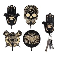 4 Pcs Wooden Wall Hooks Key Rings For Wall Hamsa Hand Key Holder Skull Zen Spiritual Moon Key Holder Picture Hangers Hooks