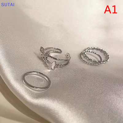 💖【Lowest price】SUTAI ชุดแหวนเปิดสไตล์ฮิปฮอปพังค์3ชิ้น 4ชิ้นแหวนสตรีแหวนโลหะผีเสื้อ