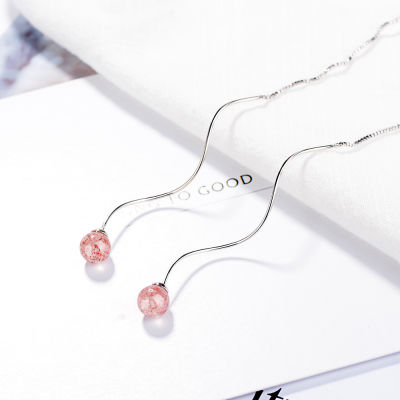 Fashion Pink Strawberry Quartz Women Birthday Gift 925 Sterling Silver Lady Long Tassel Stud Earrings Jewelry Drop Shipping