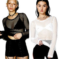 Womens Mesh Fishnet Long Sleeve Sheer Tops T shirt Sexy Perspective Tee Shirt Solid Black White vestidos