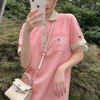 ◄ This championˉship dress for women is summer pink mid-length T-shirt dress with polo collar loose slit short-sleeved skirt and knee-length skirt.