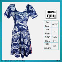 USED Thongyoy - Blue Floral Skater Dress | เดรสยาวสีน้ำเงิน สีขาว แขนสั้น ระบาย ลายดอก เดรสระบาย เดรสลายดอก วินเทจ แท้ มือสอง