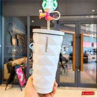 Starbuck ถ้วยฟางสแตนเลสสตีลตัดเพชรสีขาวถ้วยน้ำลูกฟูกความจุขนาดใหญ่ที่ครอบคลุมถ้วยน้ำในรถยนต์