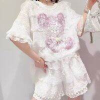 COD Design sense of minority heavy industry nailed beads bear lotus leaf lace blouse womens summer shorts fashion suit two-piece set