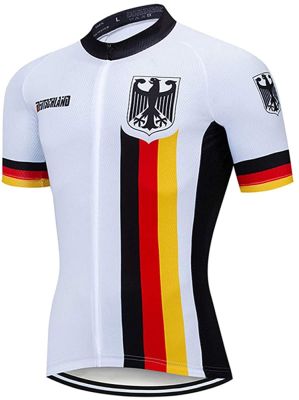 Pro Germany เสื้อเจอร์ซี่แขนสั้นสำหรับปั่นจักรยาน,เสื้อทีมปั่นจักรยานมีซิปเต็มแขนแห้งเร็วพร้อมกระเป๋าด้านหลัง