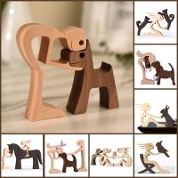 Family Puppy Wood Dog Craft Figurine Desktop Table Ornament Carving Model Home Office Decoration Pet Sculpture Christmas Gift