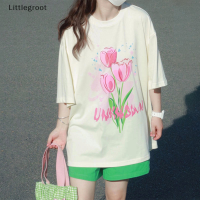 Littlegroot เสื้อยืดแขนสั้นเสื้อผู้หญิงคอกลมพิมพ์ลายดอกไม้,เสื้อยืดแบบหลวมลำลอง2023แฟชั่นหน้าร้อน