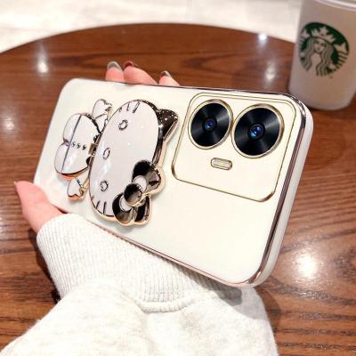 Folding Makeup Mirror Phone Case For OPPO Realme 10 Pro Plus 5G  Case Fashion Cartoon Cute Cat Multifunctional Bracket Plating TPU Soft Cover Casing