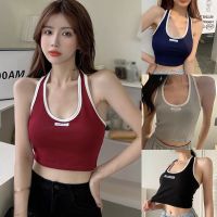 Womens Knitted Camisole Letter Halter Slim Exposed Navel Tank Top