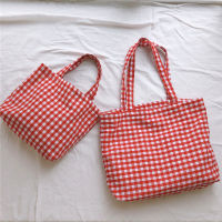 Korean Red Plaid Cloth Handbag Retro French Shoulder Popular Reusable Durable Totes Shopping Bag Cotton