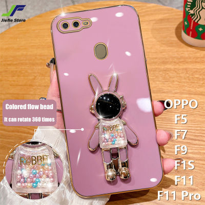 เคสโทรศัพท์ตัวชุบโลหะหรูหรา JieFie สำหรับ OPPO F9 / F7 / F5 / F1S / F11 / F11 Pro เคสนักอวกาศของเล่นกระต่ายน่ารักฝาครอบโทรศัพท์ TPU นิ่มสี่เหลี่ยม + ขาตั้ง