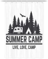 RV Shower Curtain Camper Trailer Camping Bathroom Camping Tent Forest Silhouette Shorter and Narrow Curtains with Hooks Set