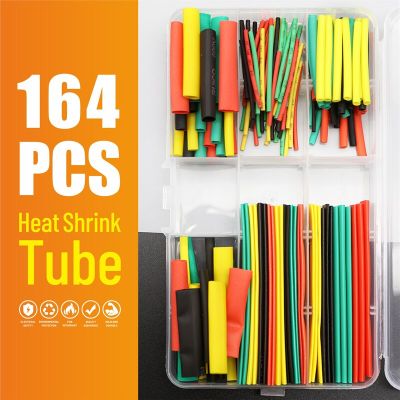 164pcs 2:1 Type Polyolefin Shrinking Assorted Heat Shrink Tube Wire Cable Insulated Sleeving Tubing Set Waterproof Pipe Sleeve Cable Management