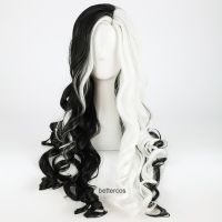 CRUELLA Deville De Vil Cosplay Wigs 75cm Long Curly Half White Half Black Heat Resistant Synthetic Hair Wig + Wig Cap