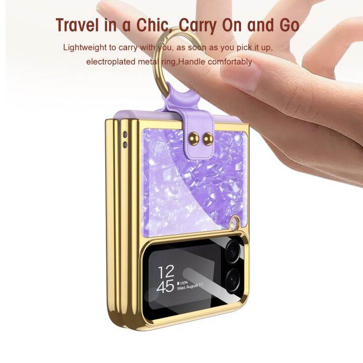 z-flip-4-case-finger-ring-plating-back-cover-for-samsung-galaxy-z-flip-4-5g-case-plastic-with-back-camera-lens-tempered-glass