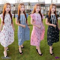 P4004 แม็กซี่เดรสแขนกู๊ดระบายลายดอกเดซี Long sleeves maxi dress with floral print