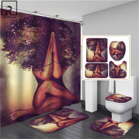 Curly Hair Black Women Polyester Shower Curtain with 12 Hooks Bathroom Bath Mat Set Toilet Cover 134 PCS Modern Home Decor