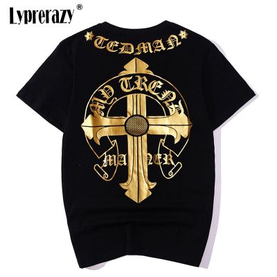 Lyprerazy Summer Short-sleeved Mens T-shirt Ethnic Style Bronzing Printed Sanskrit Cross Tide Brand Shirt
