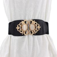 ✸ LJ7.23 【AG】Fashion Metal Buckle Faux Opal Inlaid Elastic Waistband Women Dress Sash Belt