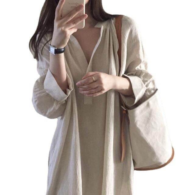 spot-korean-chic-loose-and-lazy-style-cotton-and-linen-shirt-dress-womens-mid-length-v-neck-overknee-dress-2023