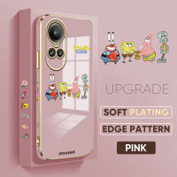 เคส PMP สำหรับ OPPO Reno10 Pro 5G ฟรีสายคล้อง + น่ารัก SquarePants การ์ตูน SpongeBob ขอบสี่เหลี่ยมรูปแบบปลอกชุบเคสโทรศัพท์เด็กหญิงเด็กชายชุบหรูหรานุ่มเคสโทรศัพท์