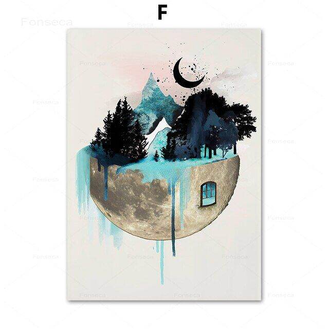 nordic-blue-mountain-leaf-forest-ธรรมชาติ-moon-fox-wall-art-ภาพวาดผ้าใบ-โปสเตอร์และพิมพ์ภาพผนังสำหรับตกแต่งห้องนั่งเล่น