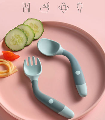 ช้อนเด็กพร้อมส้อมชุดช้อนส้อมเด็ก Bendable ช้อนซิลิโคนสำหรับเด็กวัยหัดเดิน Baby Feeding Tableware ปลอดภัยอุณหภูมิ Sensing Spoon