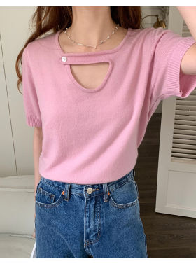 การออกแบบเฉพาะกลุ่มเสื้อถักสีชมพูสำหรับสุภาพสตรี 2023 ฤดูร้อนใหม่สบาย ๆ ร้อยแขนสั้นเสื้อยืดด้านบน