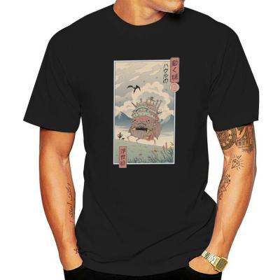 Funny Howls Moving Castle Ukiyo E T-Shirt for Men O Neck Cotton T Shirts Anime Short Sleeve Tees Plus Size Clothing