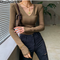 Mozuleva Autumn Winter Female Basic T Shirts V-Collar Casual Skinny Bodycone Tees Women Korean Sexy Cotton Long Sleeve T Shirts