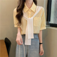 Stripe Shirt Women Short Sleeve Yellow Blouse Korean Style Summer Fashion Loose Casual Tops