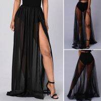 【CC】 Fashion Ladies Side Split Mesh Skirt See-through Beach Floor-Length Skirts