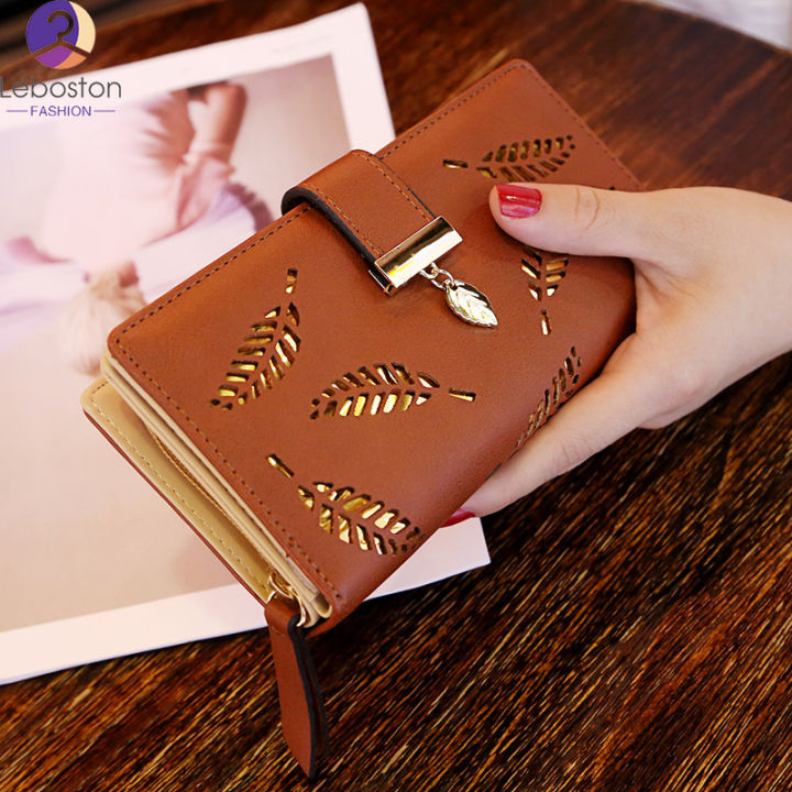 leboston-กระเป๋า-ผู้หญิง-hollow-out-leaf-long-clutch-purse-card-holder-bifold-leather-wallet