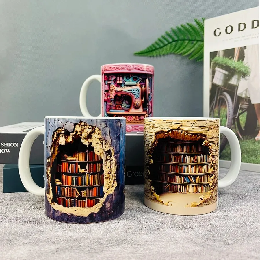 Creative 3D Bookshelves Hole In A Wall Mug Layer Mug Coffee Cup Tea Cup  Multi-Purpose Mug Gift For Readers Christmas Gifts