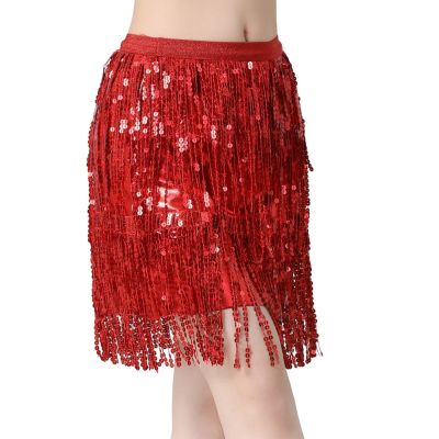 ◑ Elegant Latin Belly Dance Sequins Tassel Skirts For Women Mid-rise Solid Slimming India Dancewear Stage Performance Outfits