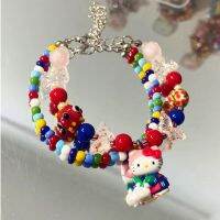 สร้อยข้อมือลูกปัดคริสตัลสีลายการ์ตูน Hello Kitty ของแท้ของขวัญทำเองของขวัญสำหรับแฟนสาว