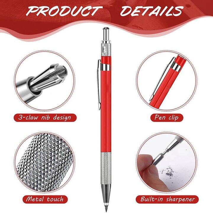 welders-pencil-with-12pcs-silver-streak-refills-metal-marker-mechanical-welding-pencil-pipefitters-fabrication-red