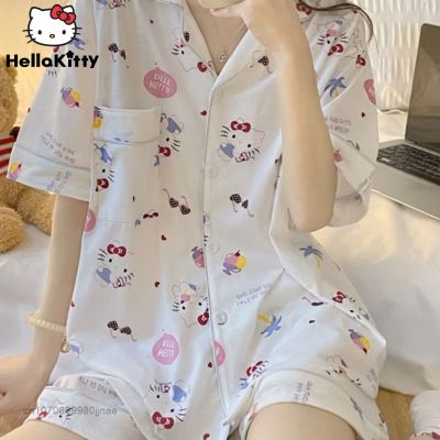 Sanrio Cartoon Hello Kitty Printed White Tracksuit Soft Pajamas Summer 2022 Kawaii For Women Causal Clothes Sets Girl Sweet Y2k