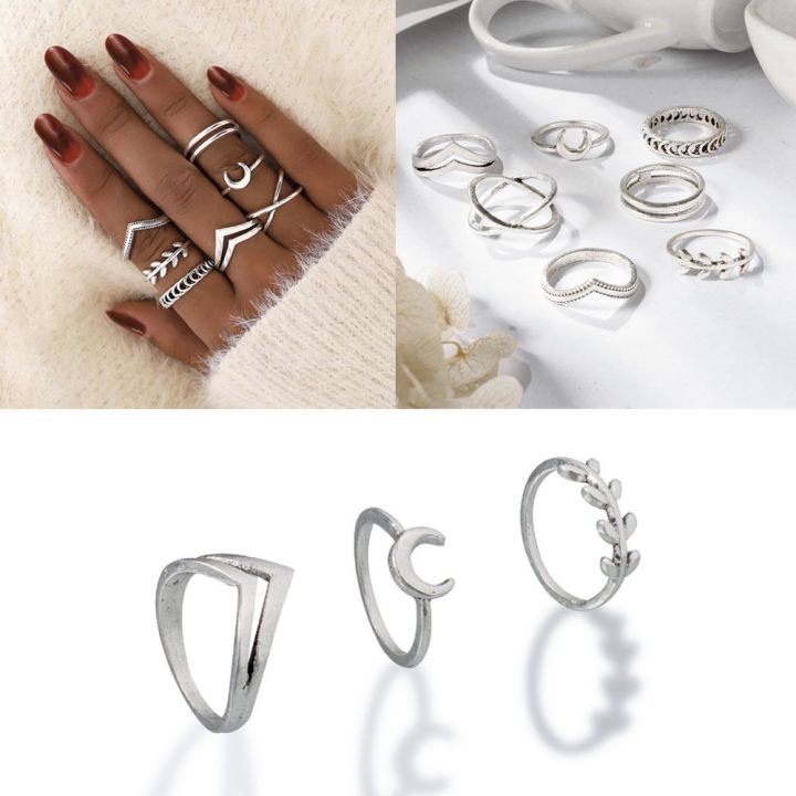 okdeals-7ชิ้น-เซ็ตพังค์ร็อกอุปกรณ์แหวนใส่นิ้วบางชุดแหวนใส่ซ้อนไม่มีลายสายรัด-midi-สีเงิน