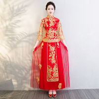 【CW】Red Bride Dress Embroidery Chinese Traditional Dragon Phoenix Gown Wedding Cheongsam Oriental Evening Dress Vestido China Qipao