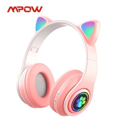 ZZOOI Mpow Cute Ears Kids Headphones with Microphone Bluetooth 5.0 Wireless/Wired Foldable Headphone LED Light for Child Online Study