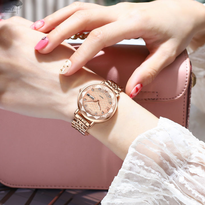 นาฬิกาผู้หญิง-amart-นาฬิกาข้อมือดีไซน์หรูหราหน้าปัดเพชรบางเฉียบของขวัญวันวาเลนไทน์