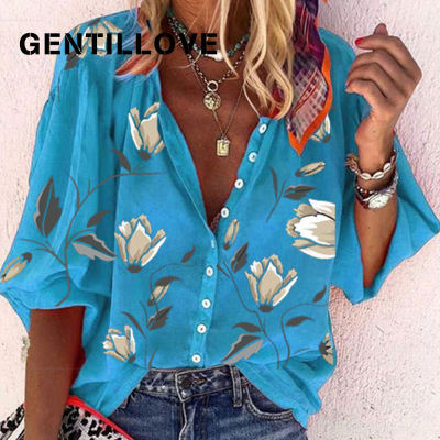 Gentillove Summer Lesure Blouses Womens Floral Print V Neck Loose Shirts 2021 Oversized Single-breasted Tops Vintage Tunics