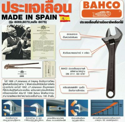 BAHCO adjustable wrench size 8"ประแจเลื่อน   ยี่ห้อ BAHCO  ขนาด 8 นิ้ว มาตรฐาน DIN 3117, ISO 6787 made in Spain  จากตัวแทนจำหน่ายอย่างเป็นทางการ