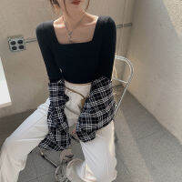 LD Women Square Collar Cropped Tops เสื้อแขนยาวสีทึบ Bottoming Shirt Stylish Slim Fit T-Shirt