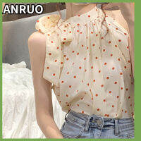 ANRUO เสื้อผู้หญิงแขนกุดมีสายคล้องคอ,เสื้อผ้าฝรั่งเศสมีลายจุด