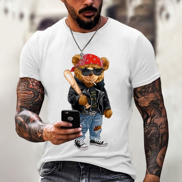 casual-men-สนุกตุ๊กตาหมี-3d-พิมพ์เสื้อยืดคอสั้นแขนสั้นเสื้อยืดโพลีเอสเตอร์-top-street-trend-hip-hop-harajuku-ขนาดใหญ่