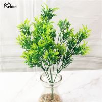 Meldel Artificial Grass Leaves Plant for Engagement Wedding 7-fork Green Plastic Home Decoration Green Grass Plants Table Decors