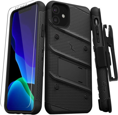 ZIZO Bolt Series iPhone 11 Case - Heavy-Duty Military-Grade Drop Protection w/Kickstand Included Belt Clip Holster Tempered Glass Lanyard - Black Black/Black